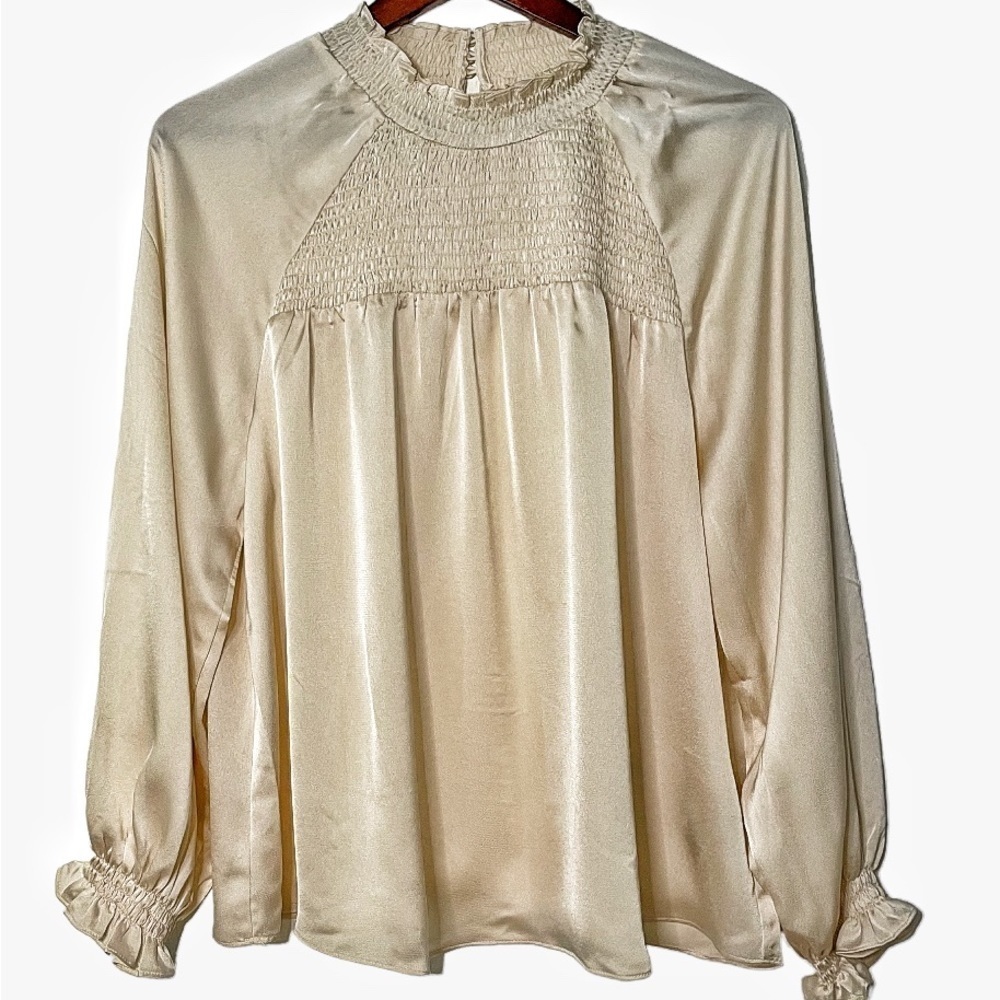 Nanette Lepore satin smocked neck and chest balloons sleeves beige XL NWT - Picture 11 of 13